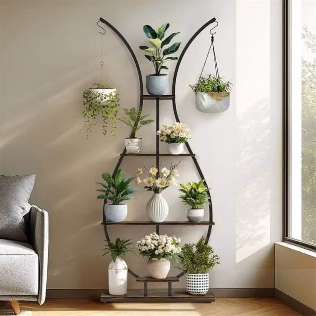EONLION 5-Tier Curved Metal Plant Stand with Hanger in Brown, H 181 cm x W 74 cm x D 181 cm