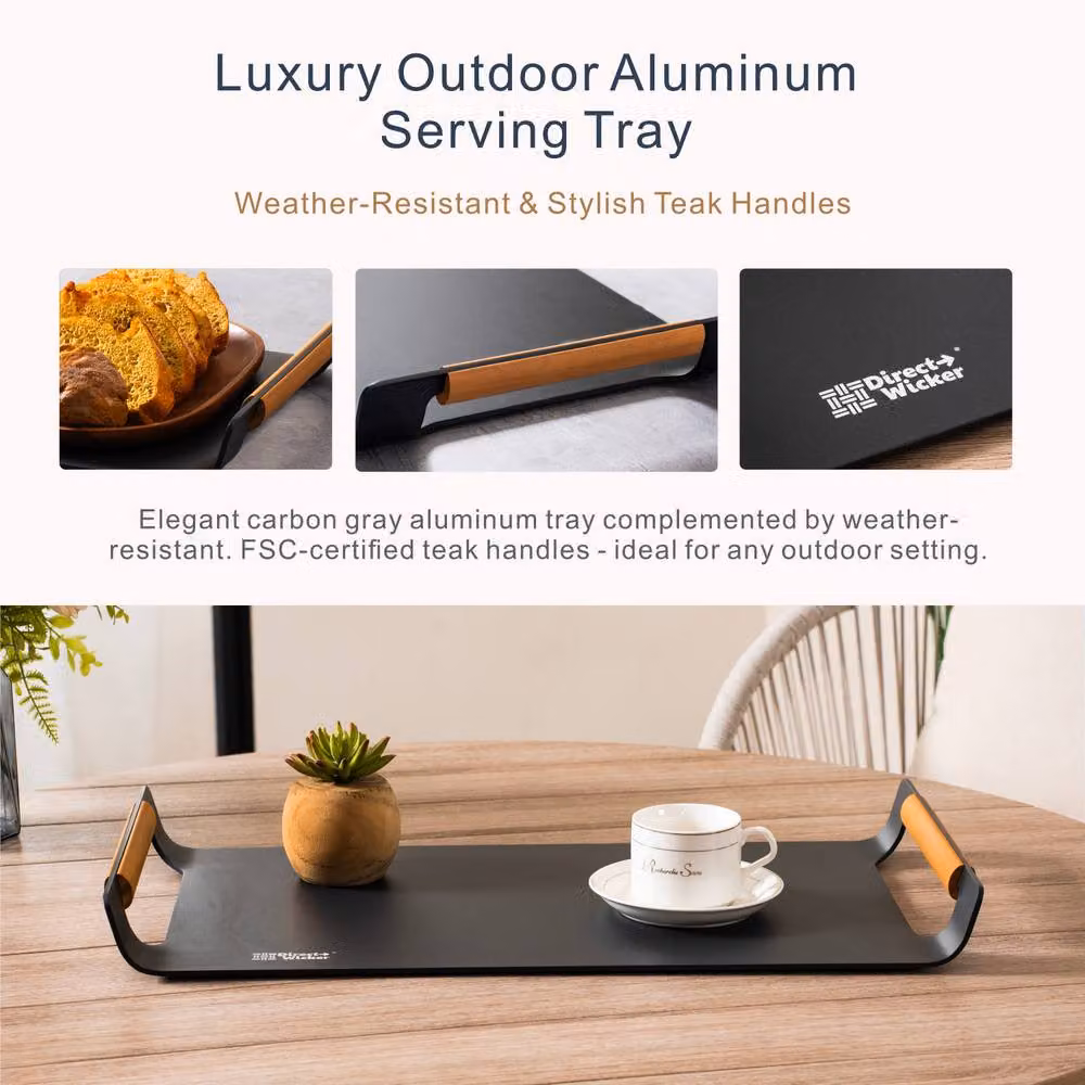 MIMO Garden Grey Aluminium Rectangular Outdoor Tray with Teak Handles – 4