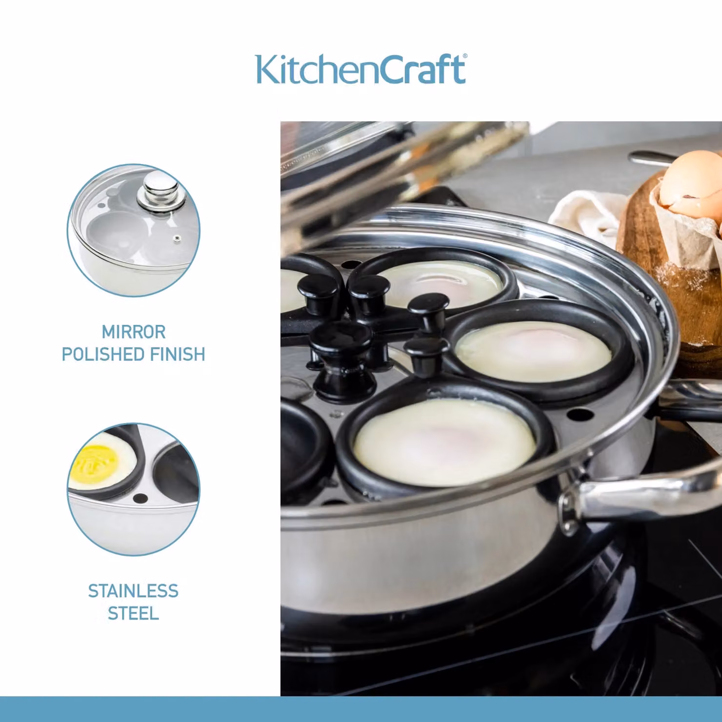 KitchenCraft Stainless Steel Six Hole Egg Poacher, Grey, 28 cm – 10