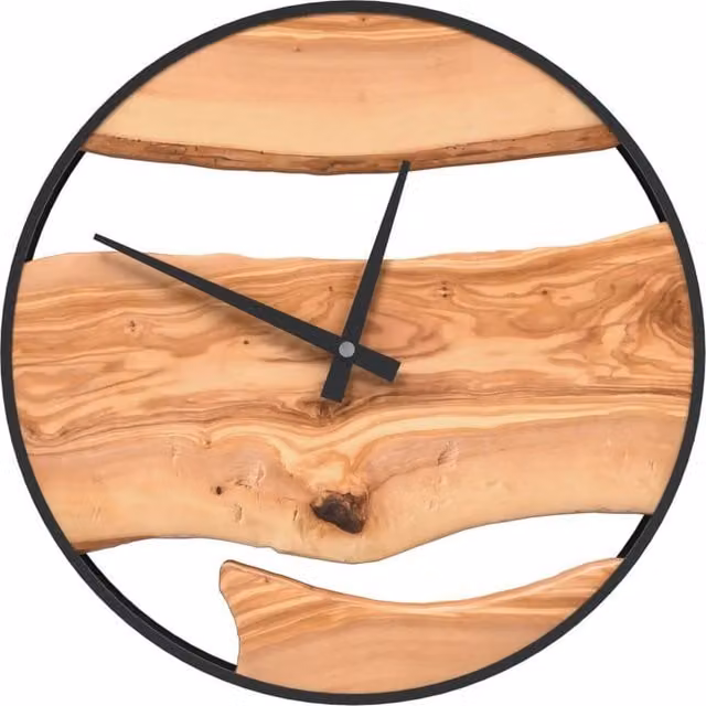 Berkfield Home Round Silent Analog Wall Clock in Brown with Iron and Olive Wood, Diameter: 35 cm – 1