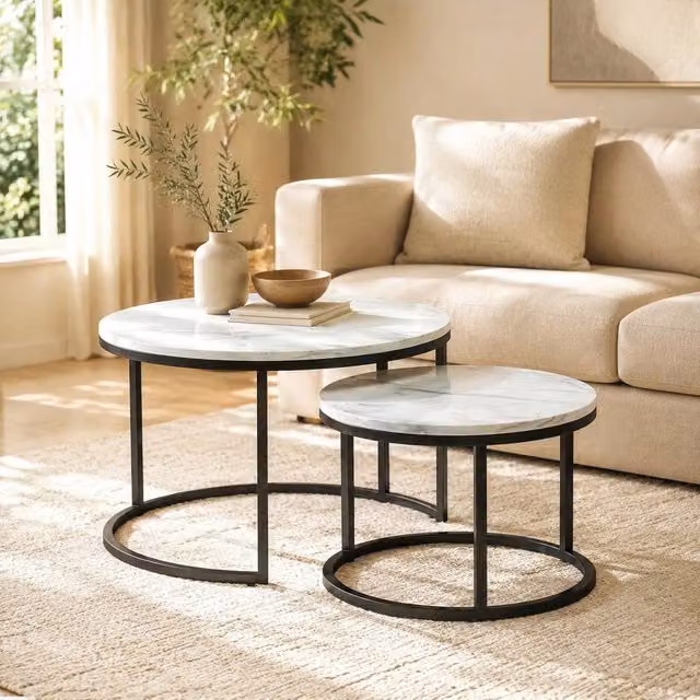 STILVORA Set of 2 Round Nesting Coffee Tables with White Marble-Effect MDF Tops and Black Metal Sled Base – 1