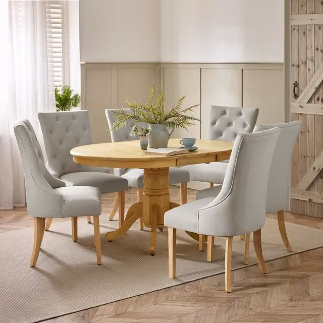 FurnitureboxUK Padstow Round Extendable Rubberwood Dining Table and 6 Beige Chairs Set