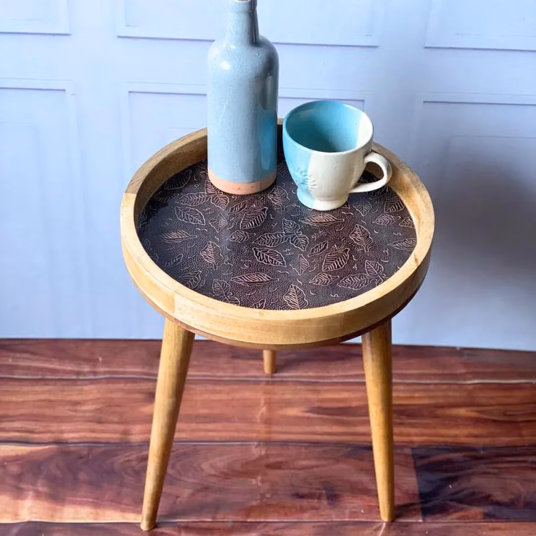 Hartsmede Handmade Mango Wood Round Side Table with Bronze Metal Embossed Floral Details, Brown, W/D/H: 37 x 37 x 47 cm – 4