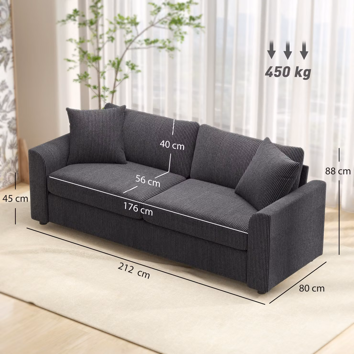 HOMCOM Modern 3 Seater Grey Fabric Jumbo Cord Sofa with 2 Scatter Cushions – 4