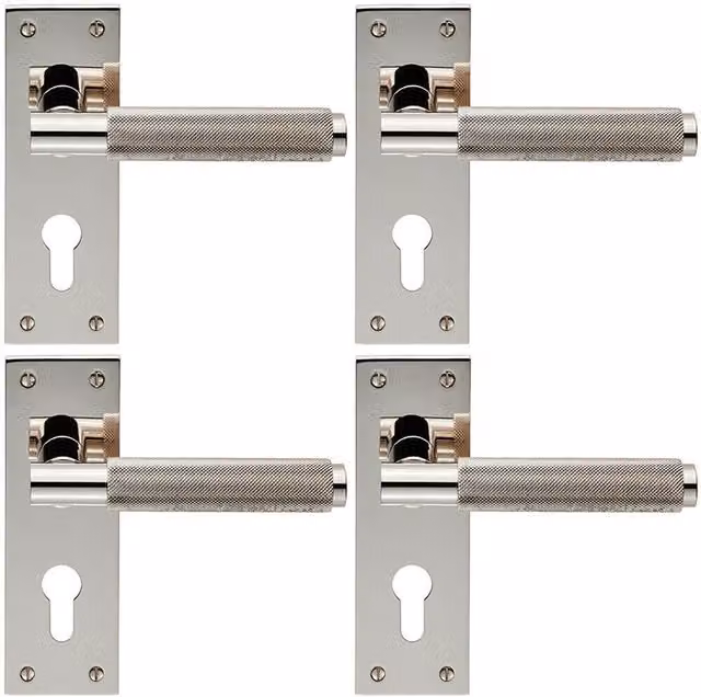 Loops 4x Pair Knurled Round Lever on Slim Euro Lock Backplate, Silver Nickel, W: 150 mm, H: 50 mm