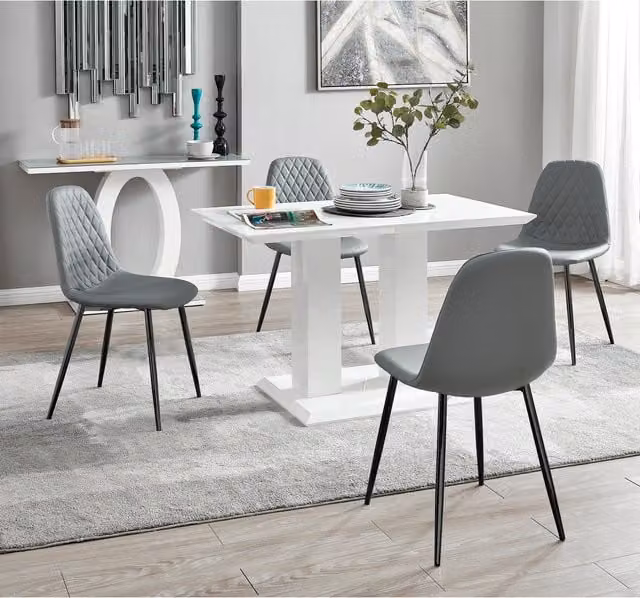 FurnitureboxUK Imperia White Rectangular Dining Table and 4 Corona Black Leg Faux Leather Chairs in Grey, W: 120 cm, D: 70 cm, H: 70 cm