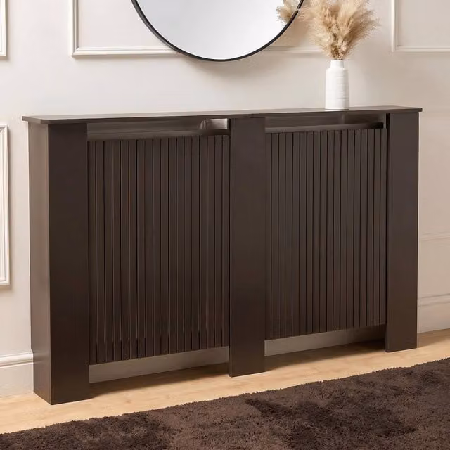 OHS Large Ribbed Radiator Cover in Chocolate Brown Slatted Engineered Wood – 1