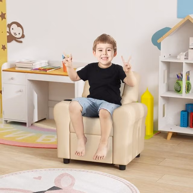 HOMCOM Kids Recliner Chair with Adjustable Backrest and Footrest in Beige Synthetic Leather