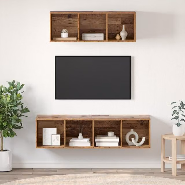 Berkfield Home 2-Piece Wall-Mounted TV Cabinet and Shelf Set in Brown Old Wood, W/D/H: 37 x 37 x 142.5 cm – 1
