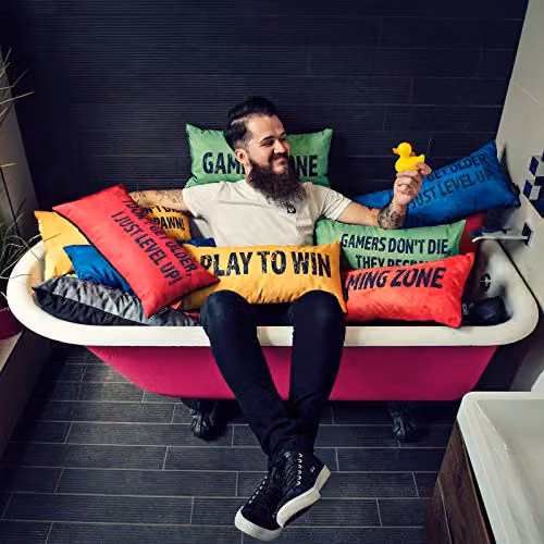 GameOver Store Pink Gaming Cushion with Gamers Don't Die, They Respawn! Slogan, Hollowfibre Filled and Stain Repellent – 3
