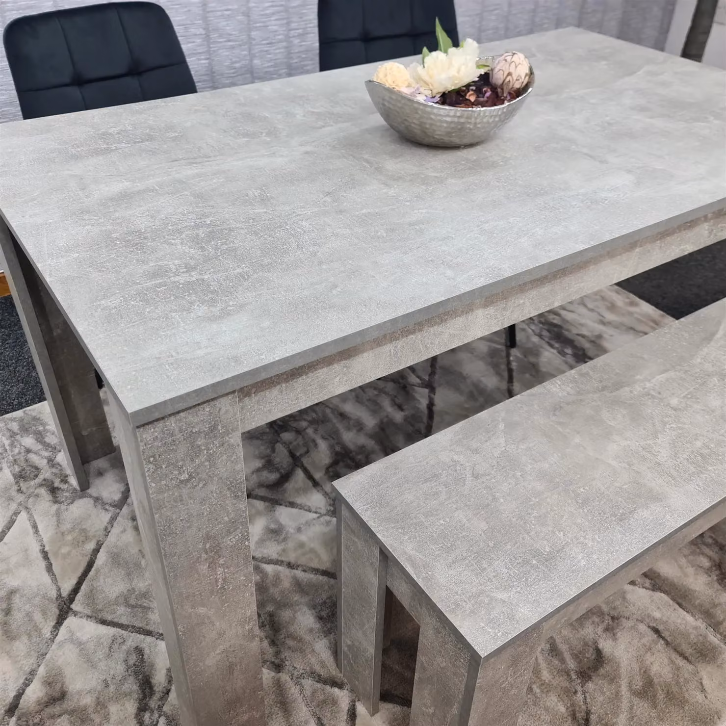 Kosy Koala Modern Dining Room Furniture Set featuring a Brown Rectangular Table, 2 Black Velvet Chairs and 1 Bench in Grey – 5