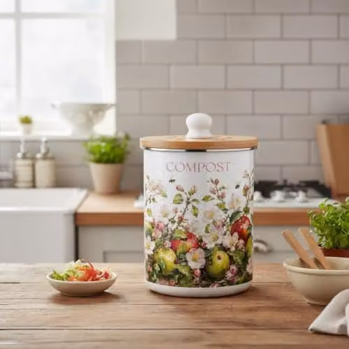 Purely Home Apple Blossoms Compost Caddy, Enamel Metal Kitchen Food Waste Bin with Removable Inner Bucket and Odour Filter, Green and White, 2L – 2