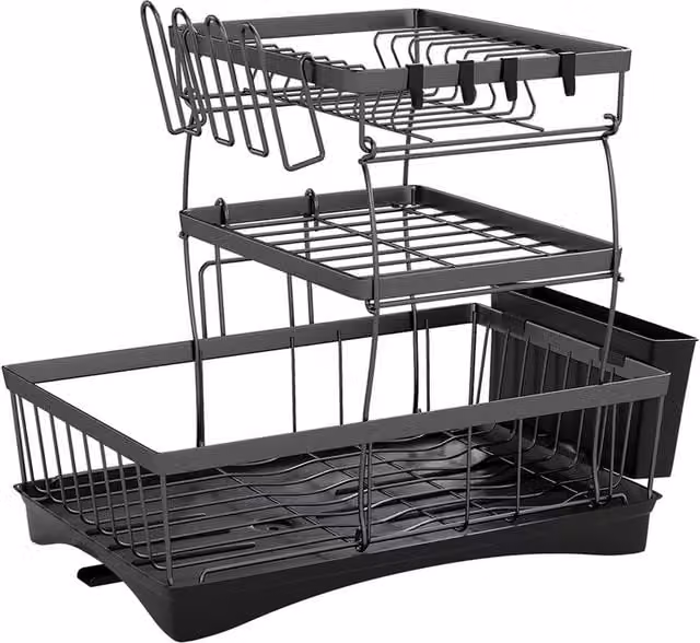 EONLION 3 Tier Expandable Dish Drainer Drying Rack with Drip Tray in Black – 1