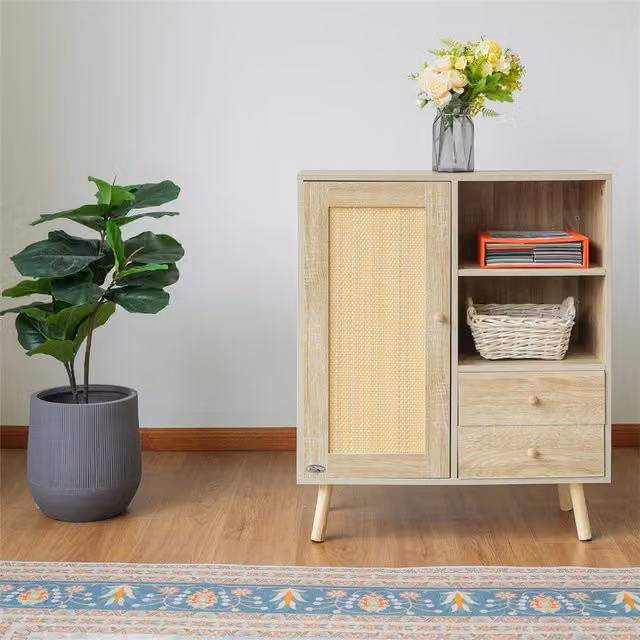 Abrihome Brown and Beige Rattan Wood Sideboard Cabinet