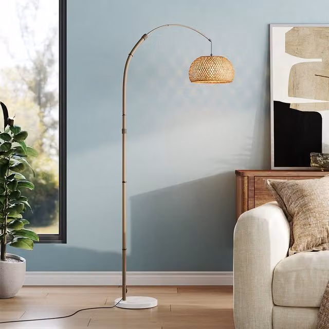 Lifeideas Bamboo Bowl-Shaped Floor Lamp in Wood and Marble with Height Adjustment
