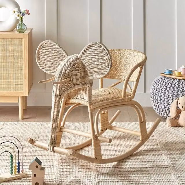 Wyld and Coco Kids Elephant Rocking Chair in Natural Beige Rattan