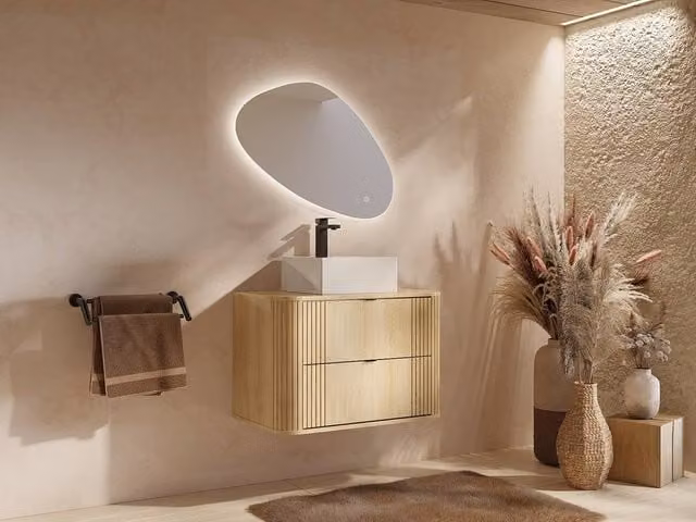 Vente-unique FILOR Wall-Hung Vanity Unit in Light Oak with Soft-Close Doors and LED Lighting, Beige, Width: 80 cm