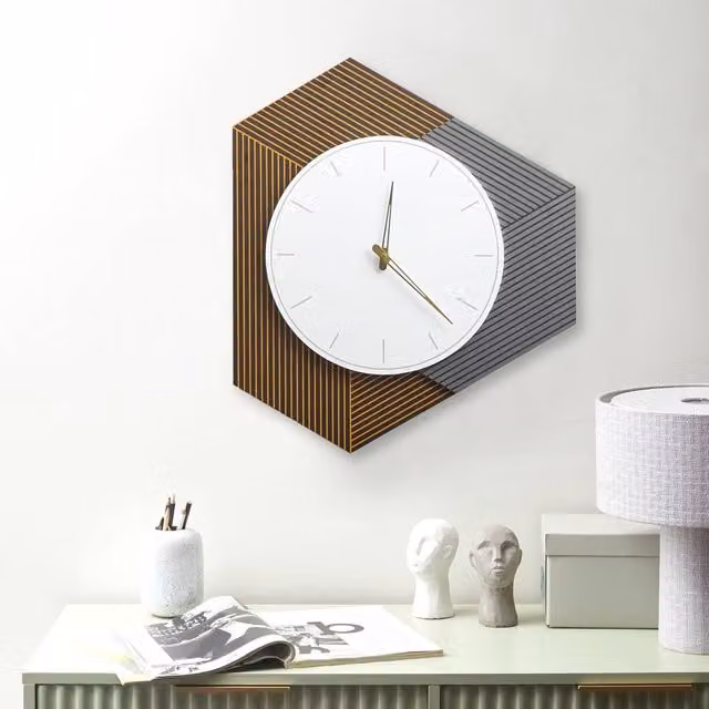Wyld and Coco Mid-Century Geometric Analog Wall Clock in White, Grey and Orange, W 52 cm x H 60 cm
