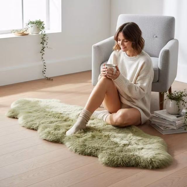 Infinity Leather Natural Wool Sheepskin Rug, Green, W: 180 cm, D: 60 cm
