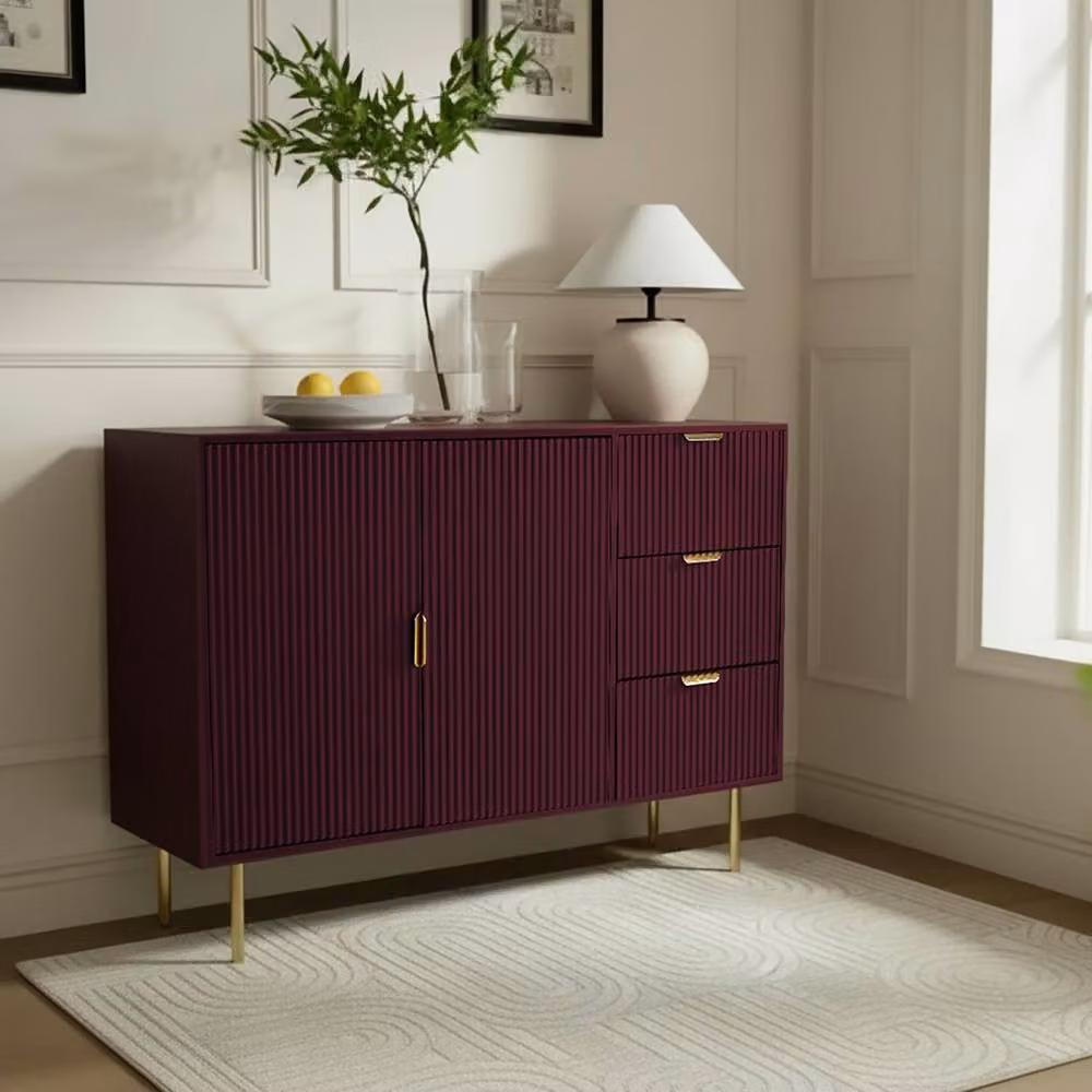 OHS Modern Ribbed Sideboard Cabinet with Drawers and Shelves in Matt Dark Red – 2