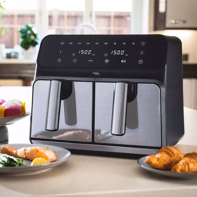 Cooks Professional Dual Digital XL Air Fryer 8L Healthy Cooker with Double Basket, Timer and Digital Display in Silver and Black – 1