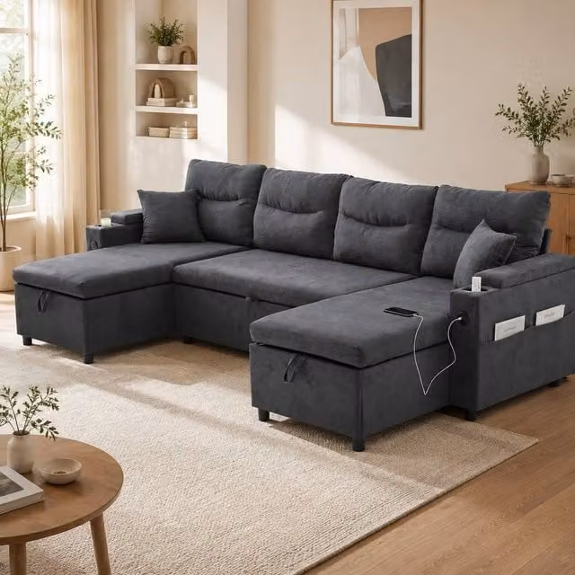 STILVORA Modern L-Shape 4-Seater Fabric Sofa in Grey with Dual Chaise Storage, USB Charging and Cup Holders – 1