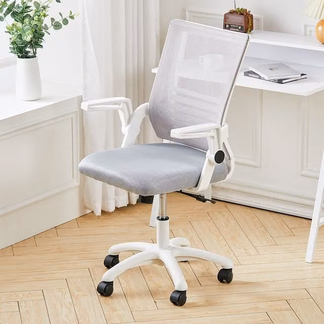 Livingandhome Ergonomic Modern Fabric Swivel Office Chair with Armrests and Height Adjustment in White and Grey