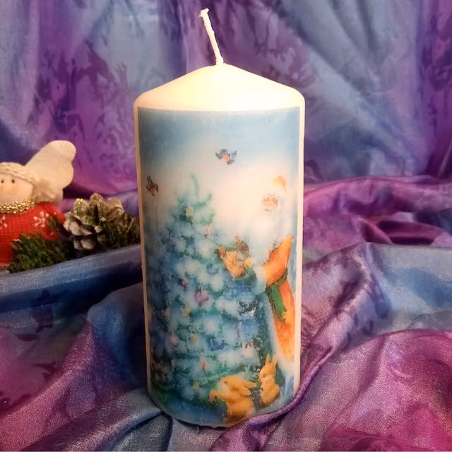 Viki Christmas Santa Pillar Candle in White and Multicolour