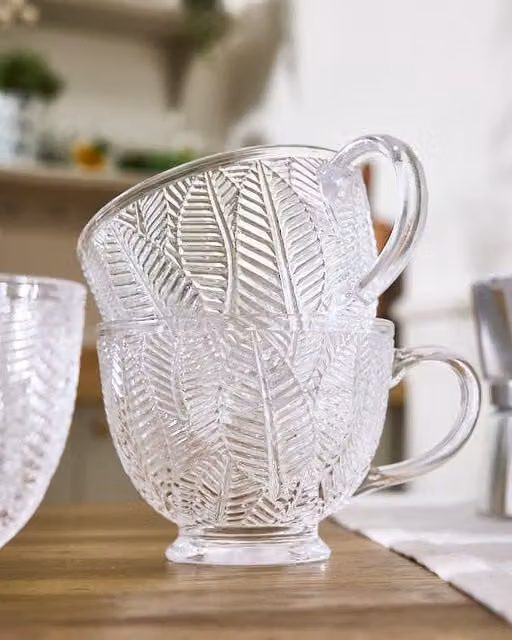 Dibor Set of 2 Vintage Embossed Botanical Design Glass Coffee Mugs, 400ml, Clear – 1