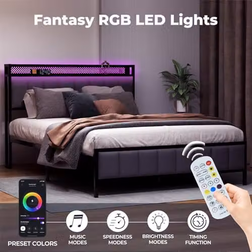 Levede King Size Upholstered Bed Frame in Grey with USB Charging Ports, Under-Bed LED Lighting and Side Compartments, W/D/H: 180 x 200 cm – 3