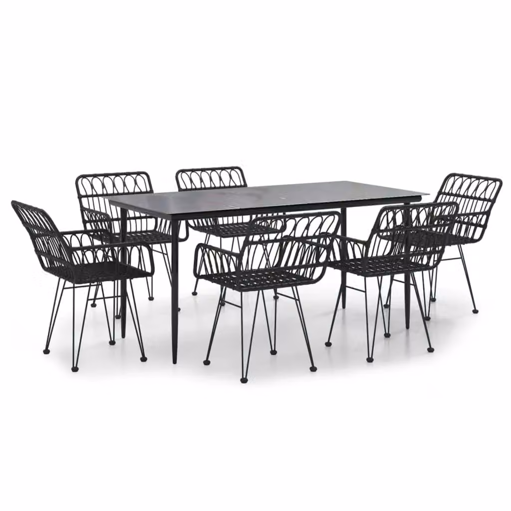 Berkfield Home 7 Piece Black Poly Rattan Garden Dining Set with Glass Top Table – 2