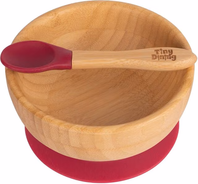 Tiny Dining Bamboo Baby Suction Cereal Bowl and Spoon Set in Red – 1