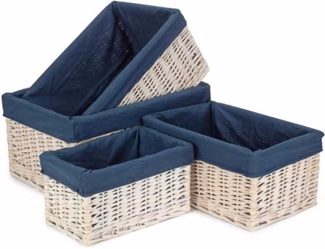 Red Hamper Open Weave Rattan and Wood Storage Basket in White and Blue