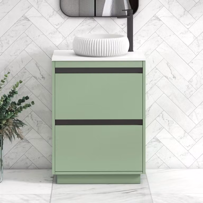 Royal Bathrooms Orion 2 Drawer Floor Standing Vanity Unit with Milan Basin and Black Accent Trim in Mint Sage and White