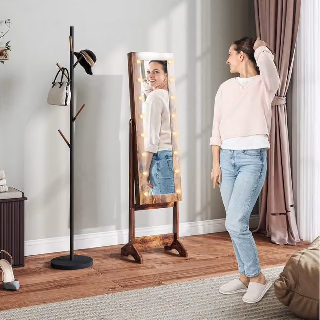 HOMCOM Freestanding Jewelry Cabinet with LED Mirror and Internal Shelves in Rustic Brown