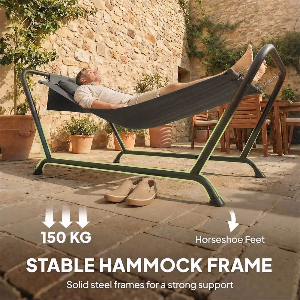 Nordara Freestanding Outdoor Hammock with Stand and Headrest Pocket in Dark Grey – 3