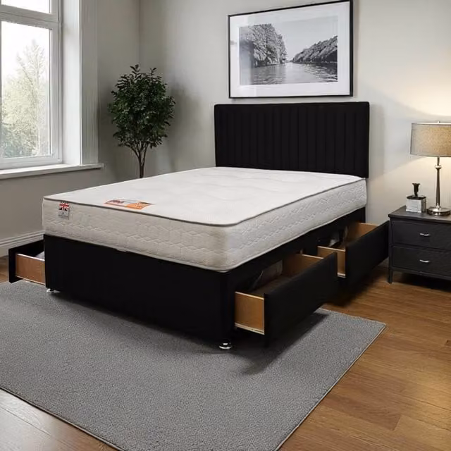 Knight Sleep Emily Plush Bed Set with Hybrid Mattress, 4 Drawers and Headboard, Black/Grey, W/D/H: 120 x 200 cm