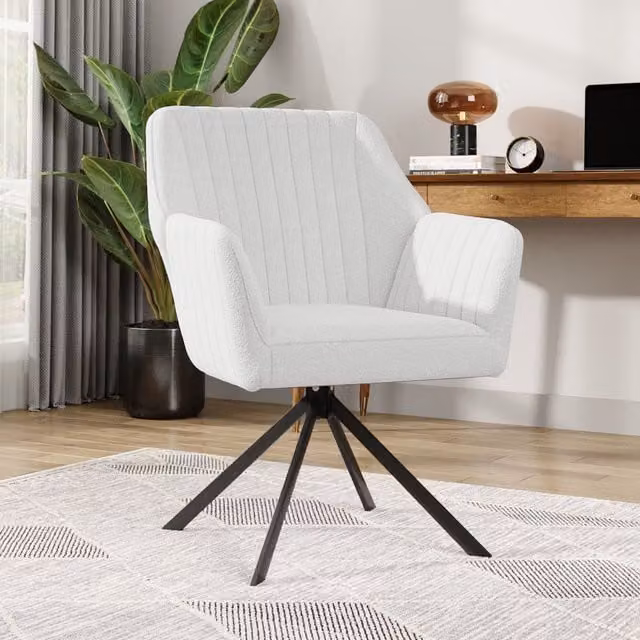 Komore Modern White Bouclé Fabric Swivel Lounge Chair with Armrests and Metal Legs
