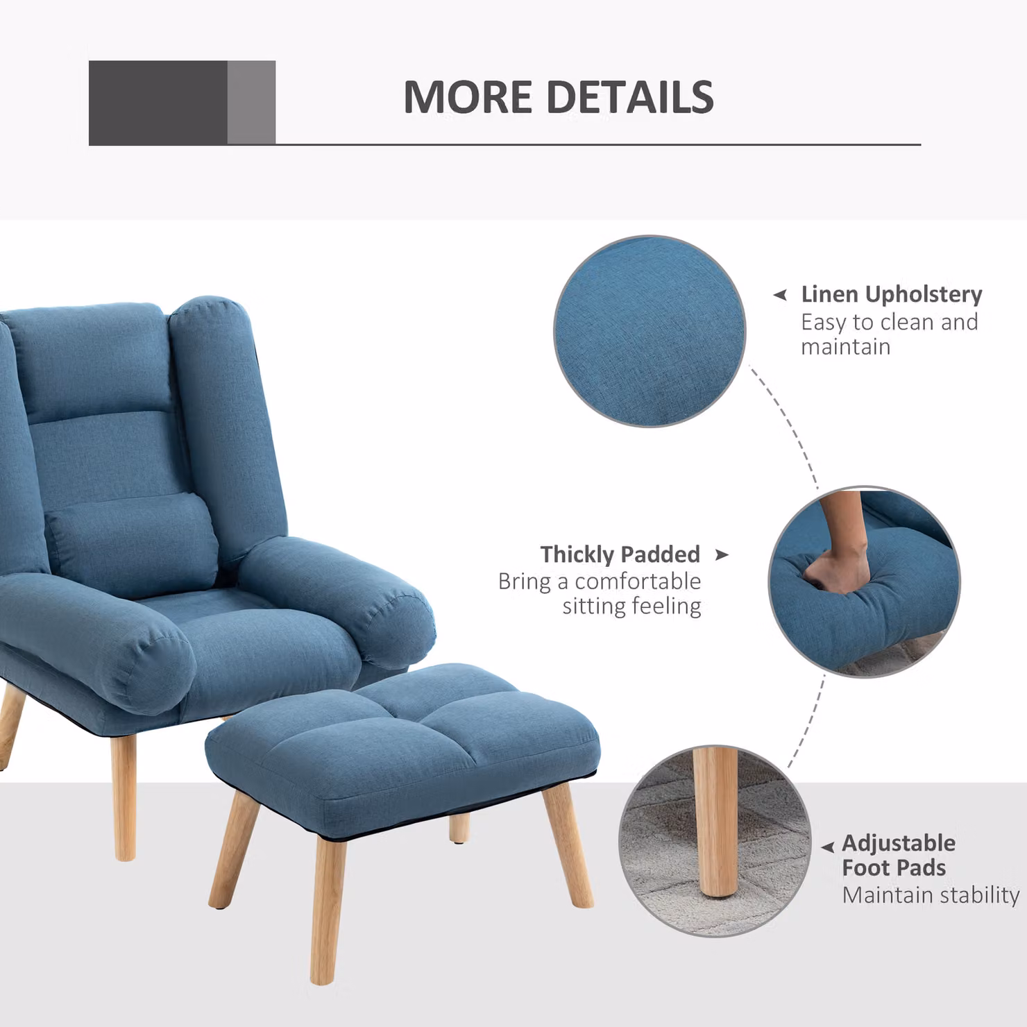 HOMCOM Blue Linen Fabric Occasional Recliner with Matching Ottoman and 3-Position Adjustable Backrest – 5