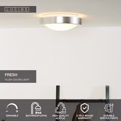 Lucide Fresh Modern Round Bathroom Flush Ceiling Light, Chrome and White, Diameter: 27 cm, IP44, Dimmable, E27 – 2