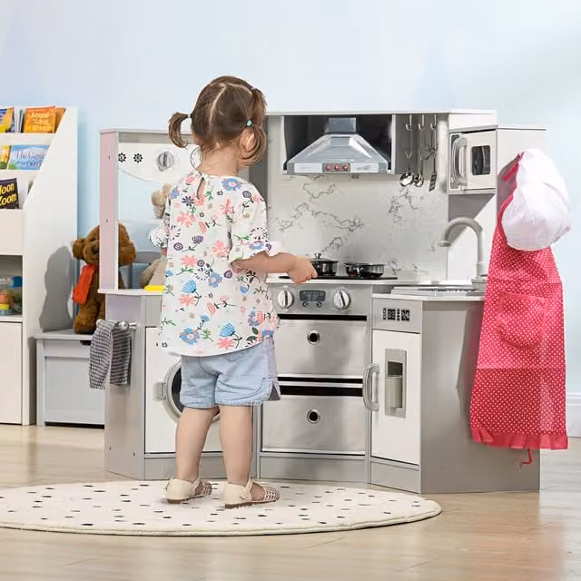 AIYAPLAY Toy Kitchen Playset with Running Water, Apron and Chef Hat in Grey