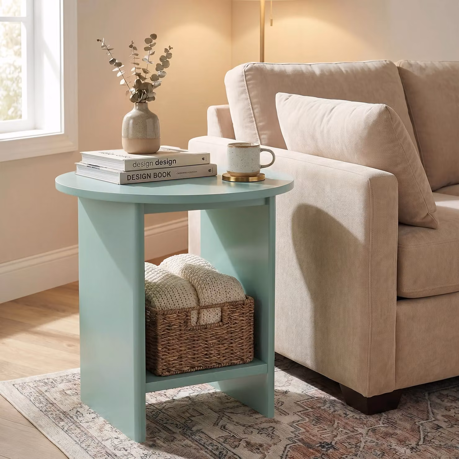 DHS Small Round Side Table with Shelf in Sage Green, W/D/H: 45 x 45 x 50 cm