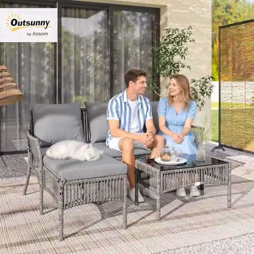 Outsunny 3 Piece Rattan Garden Furniture Set with Cushions, Grey – 2