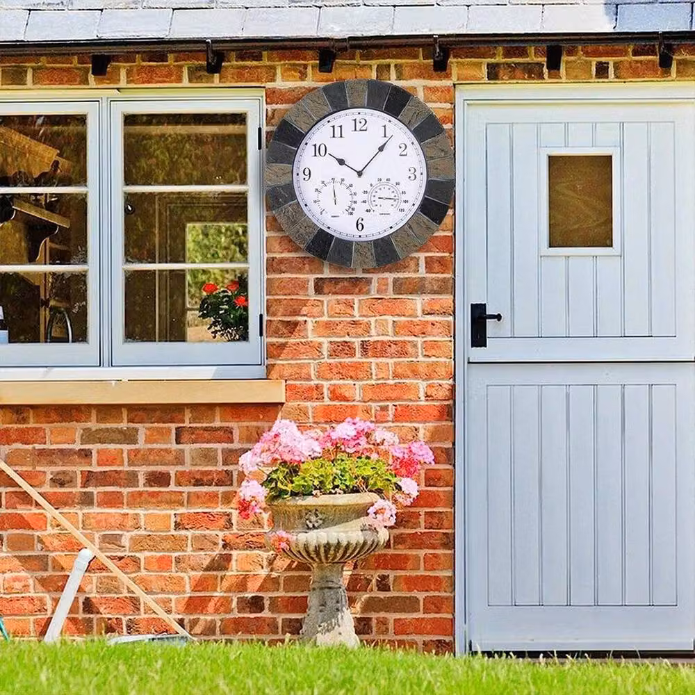 PAWNORA Black Round Analog Garden Wall Clock with Thermometer, Diameter: 35 cm – 5