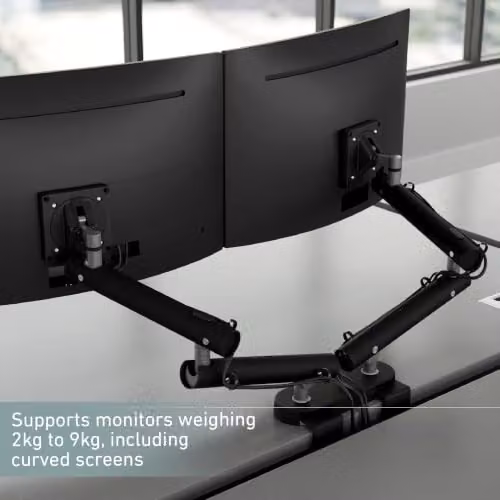 Miro Dual Monitor Arm Desk Mount in Black, VESA Compatible Double Monitor Stand with C-Clamp and Adjustable Gas Spring Arms for 17–32 inch Screens – 4