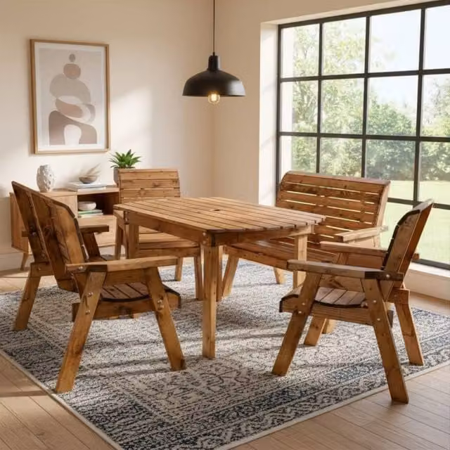 Samuel Alexander Handmade 6 Seater Rustic Wooden Indoor Dining Table, Bench and Chair Set in Brown