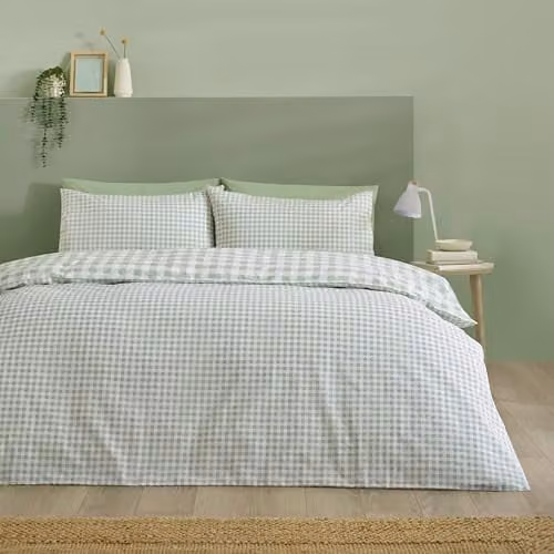 Catherine Lansfield Bamford Gingham Check Reversible Double Duvet Cover Set with Pillowcases, Green, Duvet Cover: 200 x 200 cm, Pillowcases: 50 x 75 cm