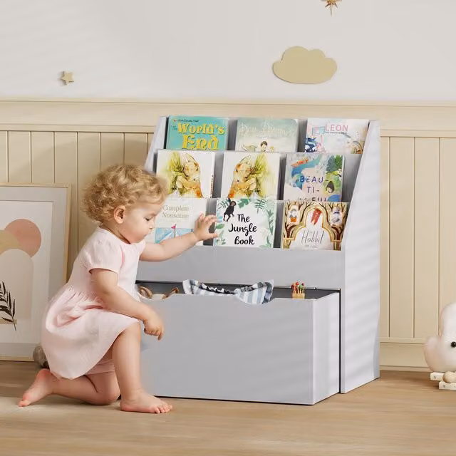 AIYAPLAY Kids Bookcase with 3 Tier Shelves and Drawer, Grey
