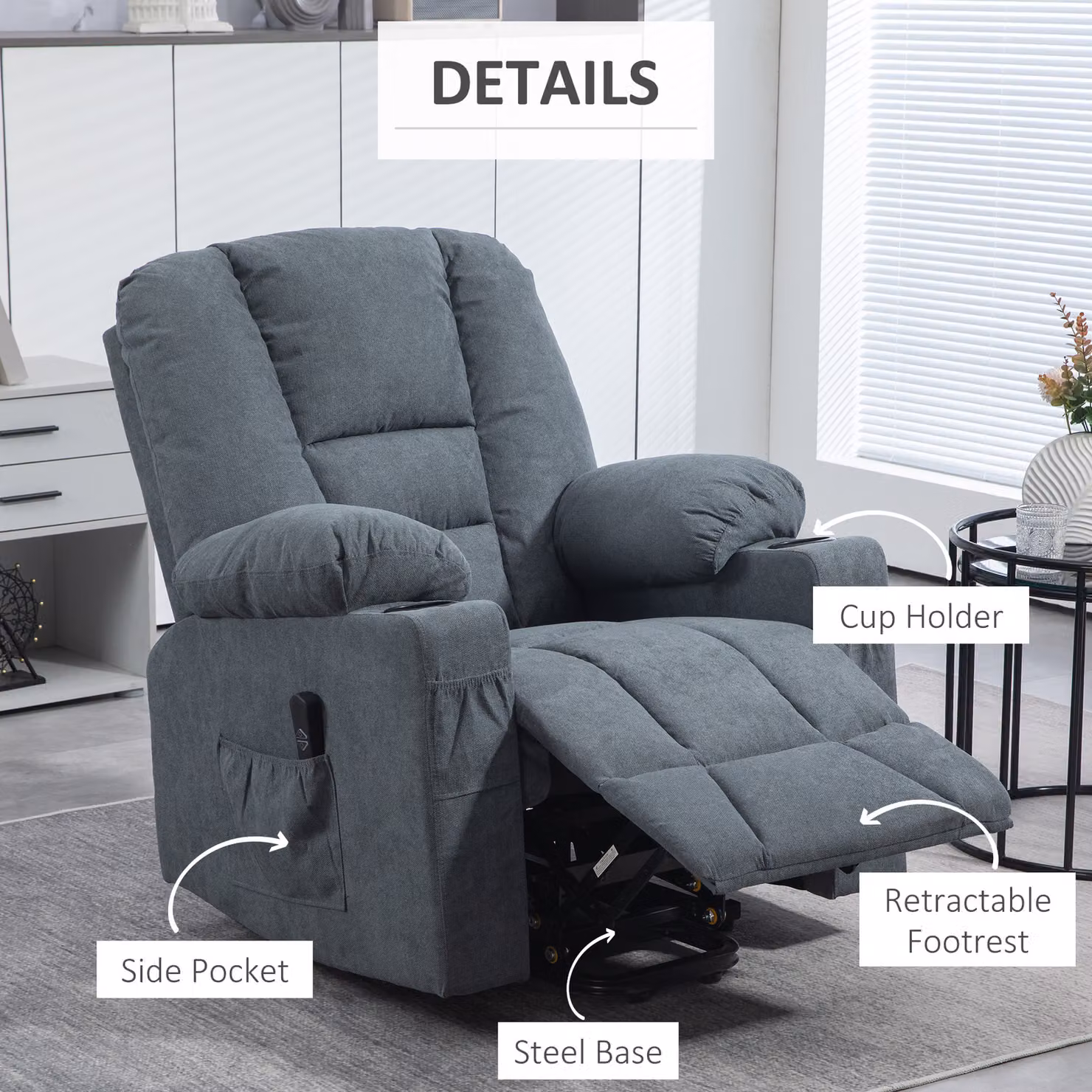 HOMCOM Grey Fabric Upholstered Powered Lift Recliner Chair for Seniors with Remote Control and Side Pockets – 4