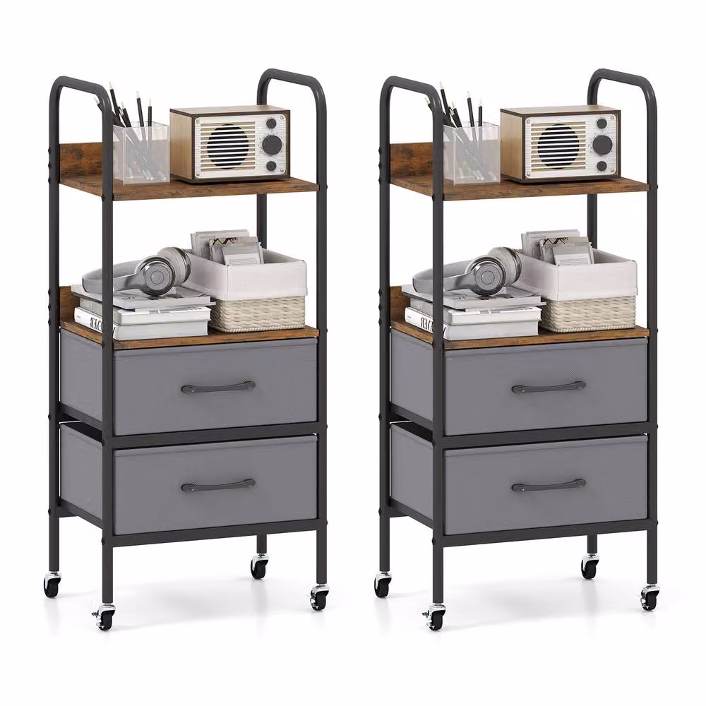 Costway Rolling Utility Storage Cart and Mobile Printer Stand with Shelves and Drawers in Brown – 7